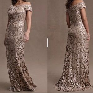 Tadashi Shoji Odette Off-Shoulder Sequin Mesh Column Gown - worn once. Like new!